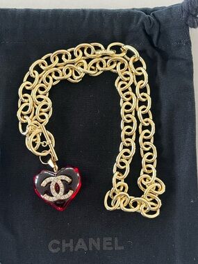 Upcycled Authentic Stamped A25V Chanel Crystal CC Heart Charm on 14K GP Necklace